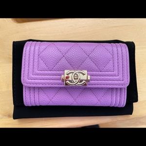 Chanel Caviar Quilted Boy Flap Card Holder Purple